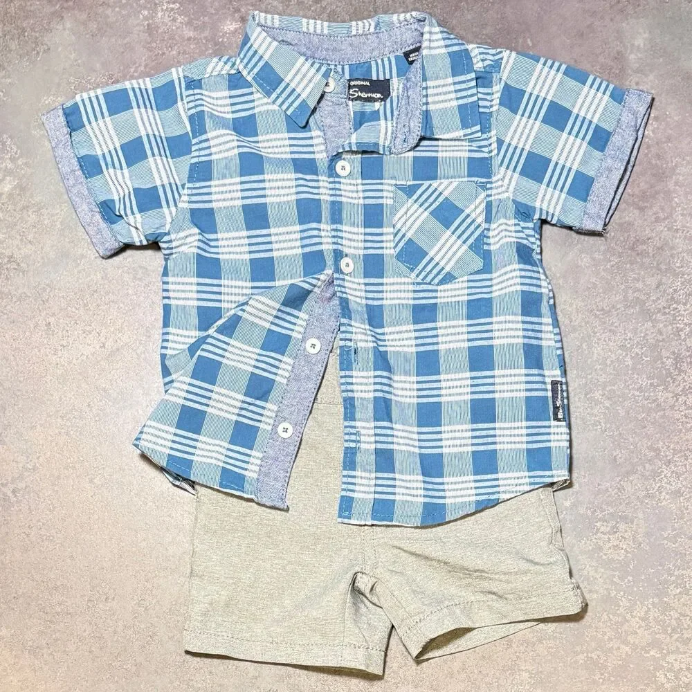 Ben Sherman Plaid Shirt Cat & Jack Shorts Set 12M Blue Summer Outfit